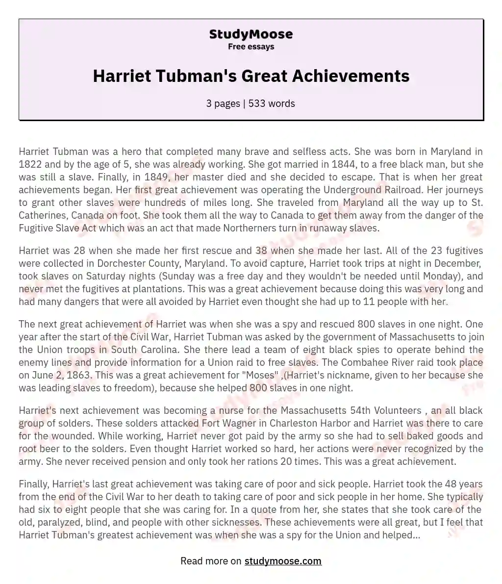 Harriet Tubman's Great Achievements essay