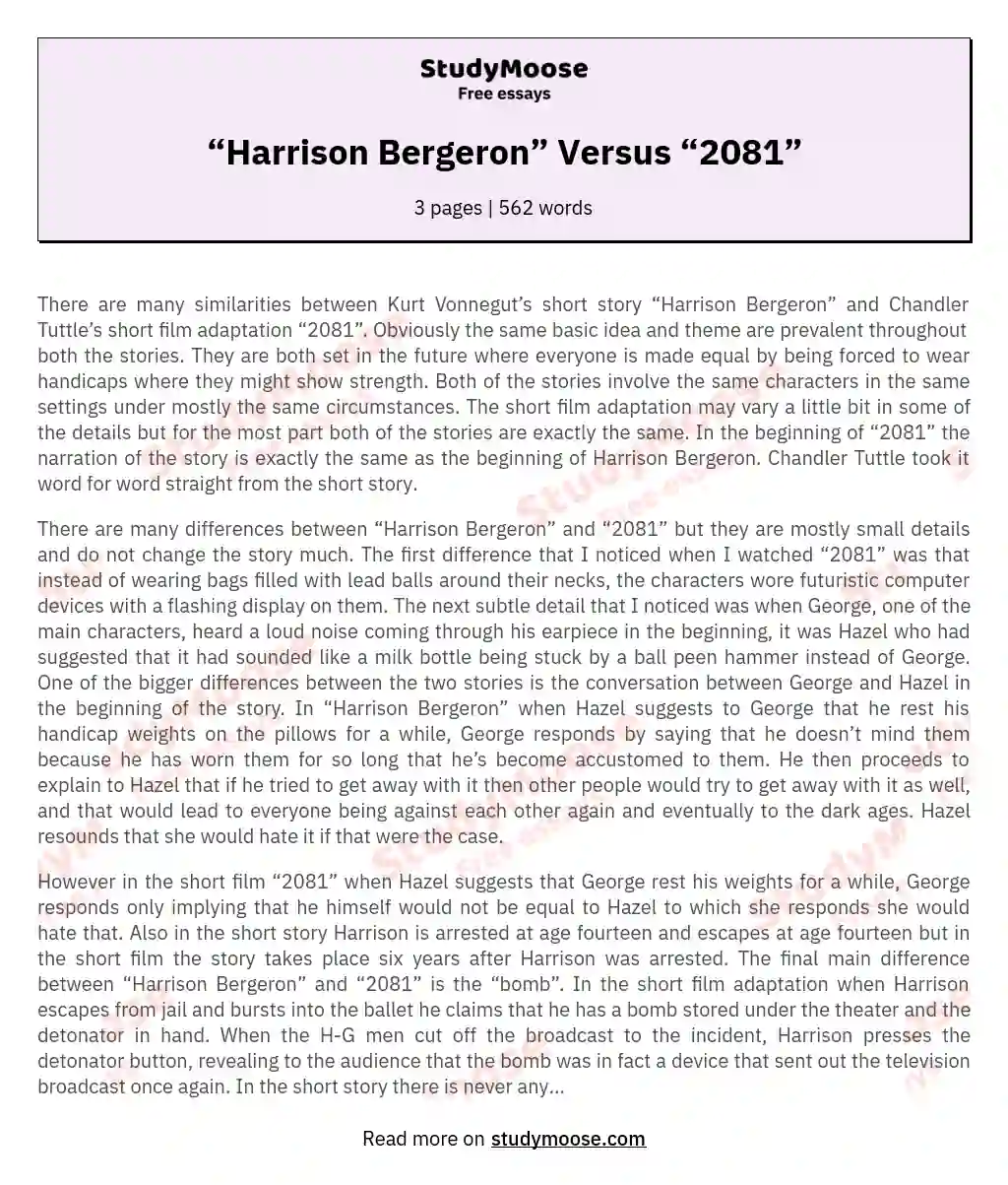 “Harrison Bergeron” Versus “2081” essay