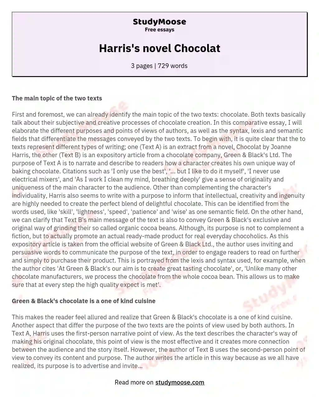 Harris's novel Chocolat essay