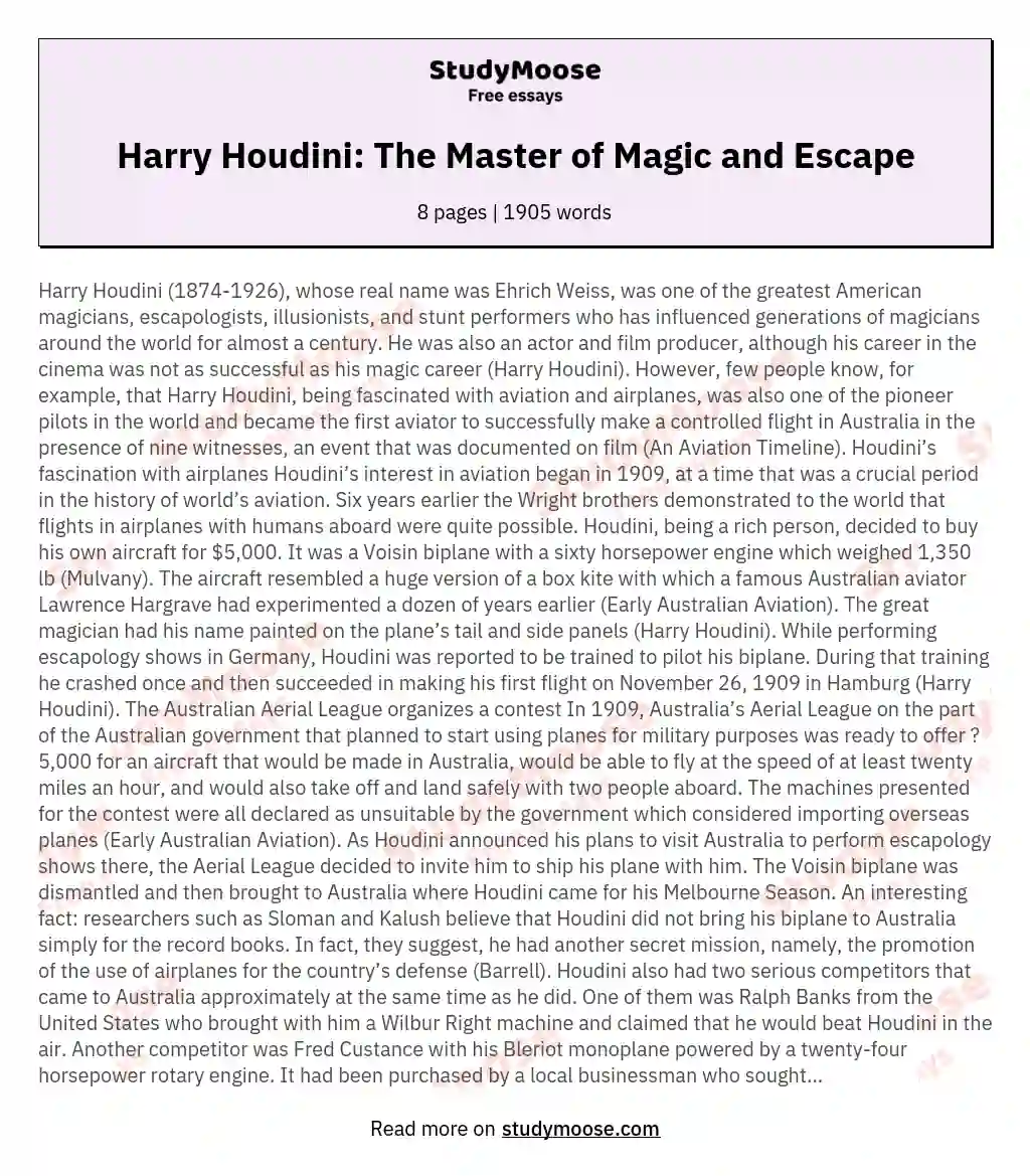 Harry Houdini: The Master of Magic and Escape essay