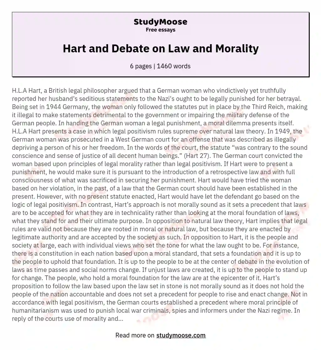 Hart and Debate on Law and Morality essay