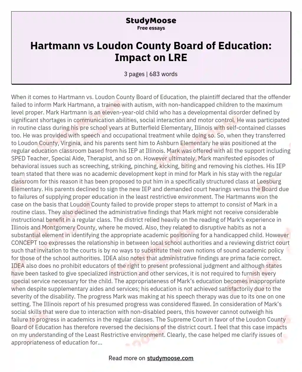 Hartmann vs Loudon County Board of Education: Impact on LRE essay
