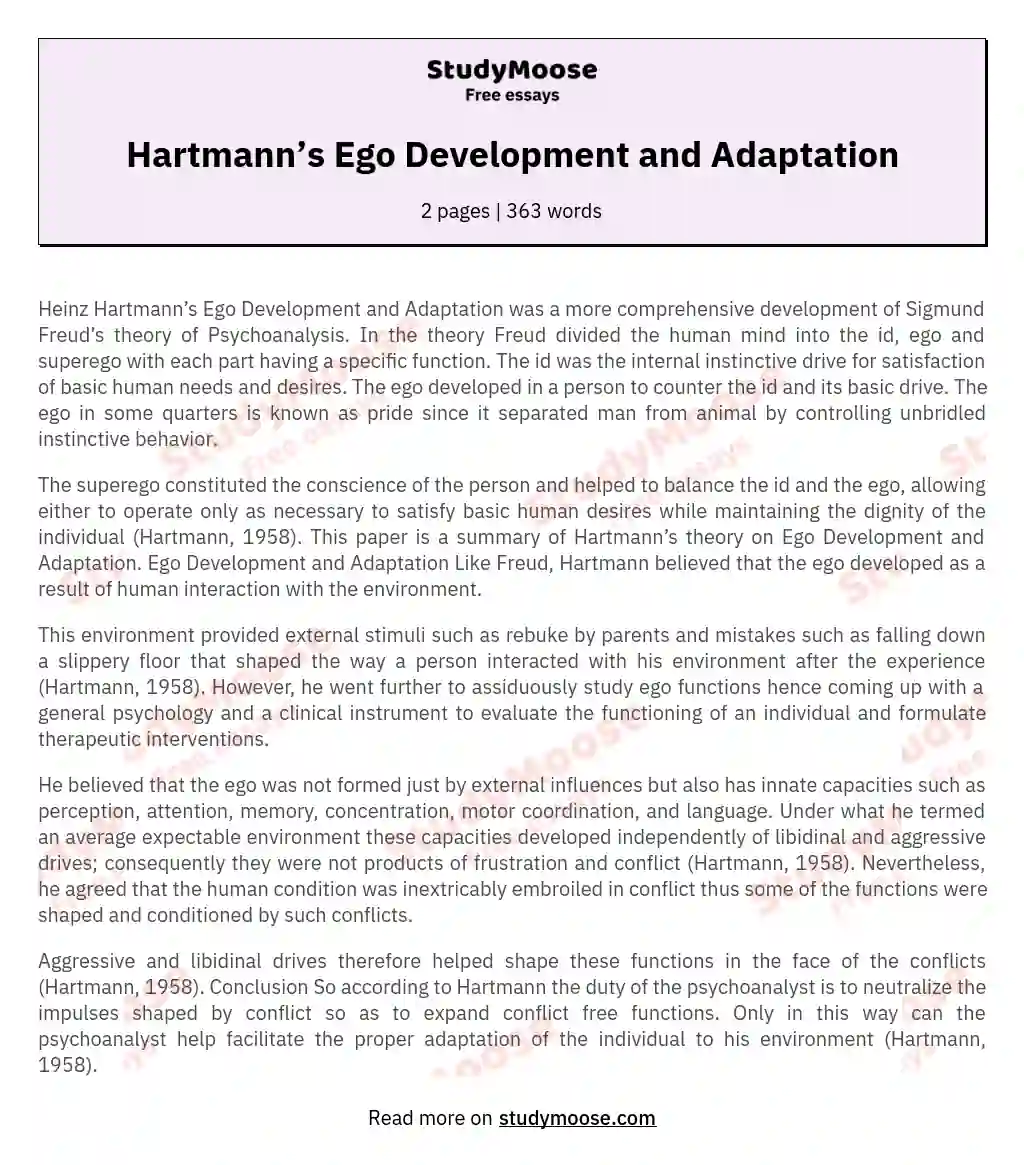 Hartmann’s Ego Development and Adaptation essay