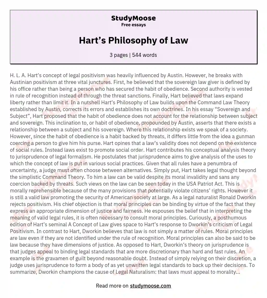 Hart’s Philosophy of Law essay