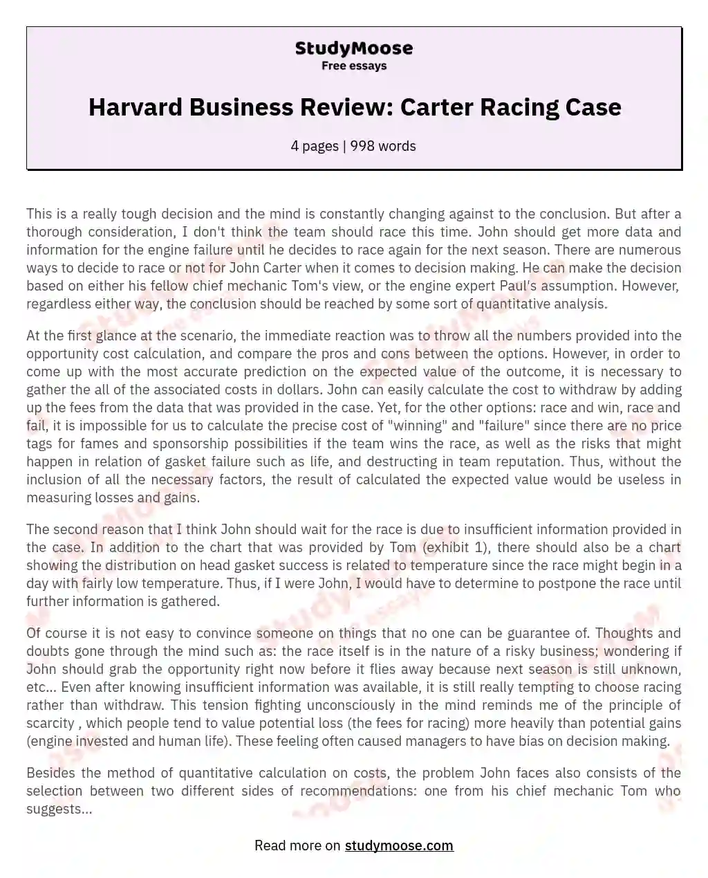 Harvard Business Review: Carter Racing Case essay
