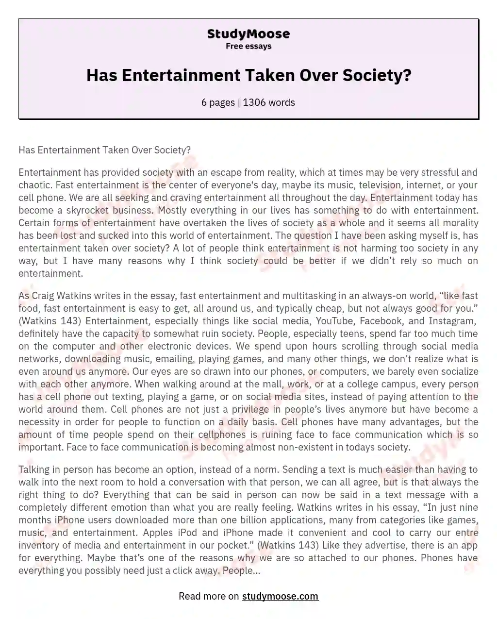 Has Entertainment Taken Over Society? essay