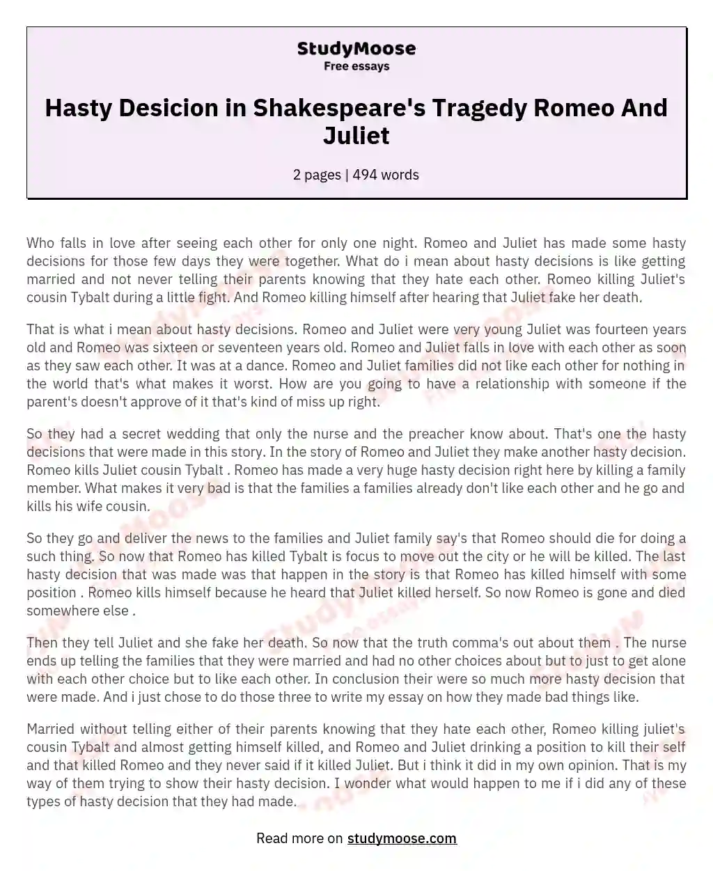 Hasty Desicion in Shakespeare's Tragedy Romeo And Juliet essay