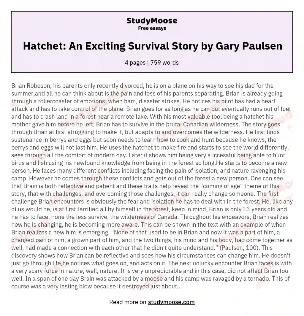 Hatchet: An Exciting Survival Story by Gary Paulsen essay