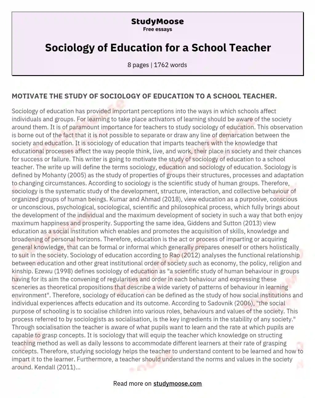 Sociology of Education for a School Teacher essay