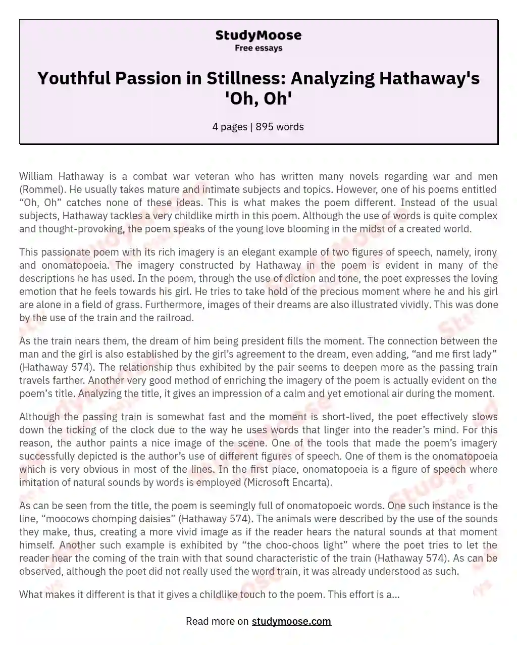 Youthful Passion in Stillness: Analyzing Hathaway's 'Oh, Oh' essay
