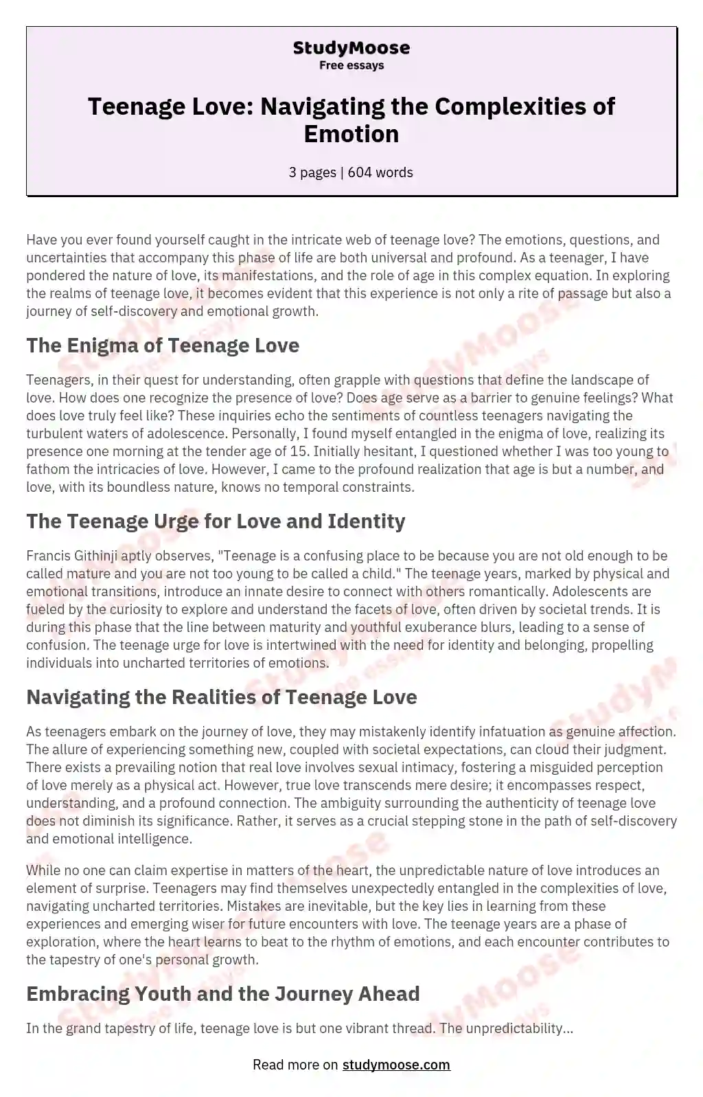 Teenage Love: Navigating the Complexities of Emotion essay