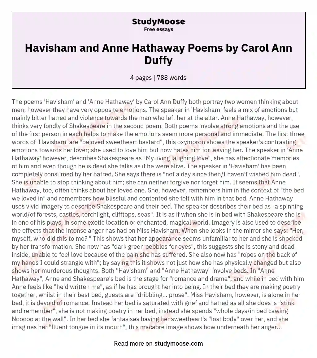 Havisham and Anne Hathaway Poems by Carol Ann Duffy