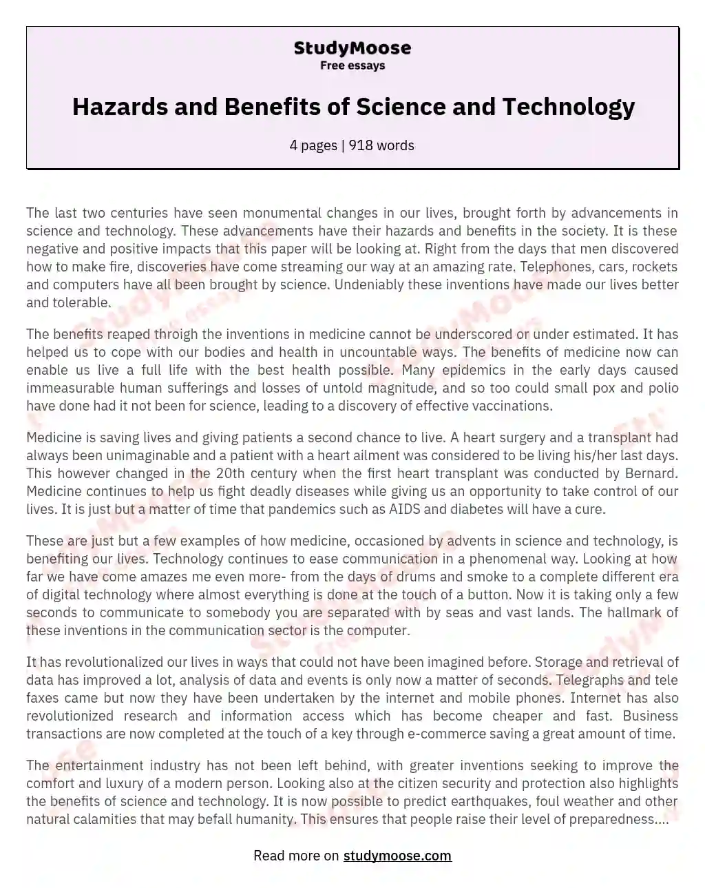Hazards and Benefits of Science and Technology essay