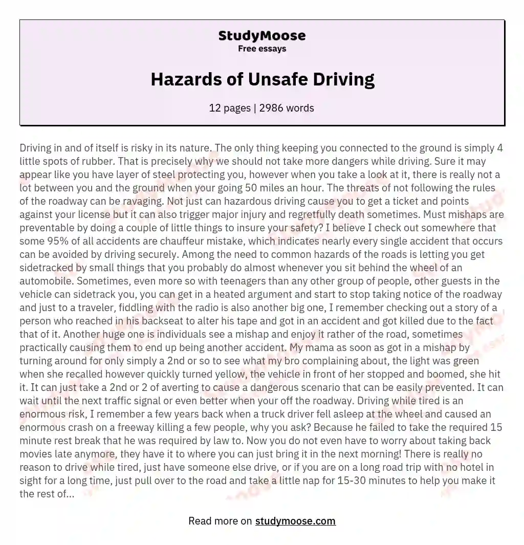 Hazards of Unsafe Driving essay