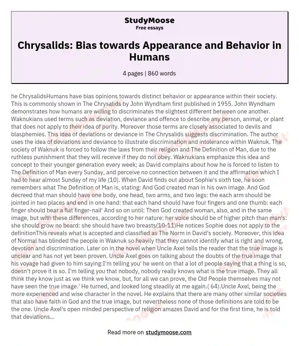 Chrysalids: Bias towards Appearance and Behavior in Humans essay