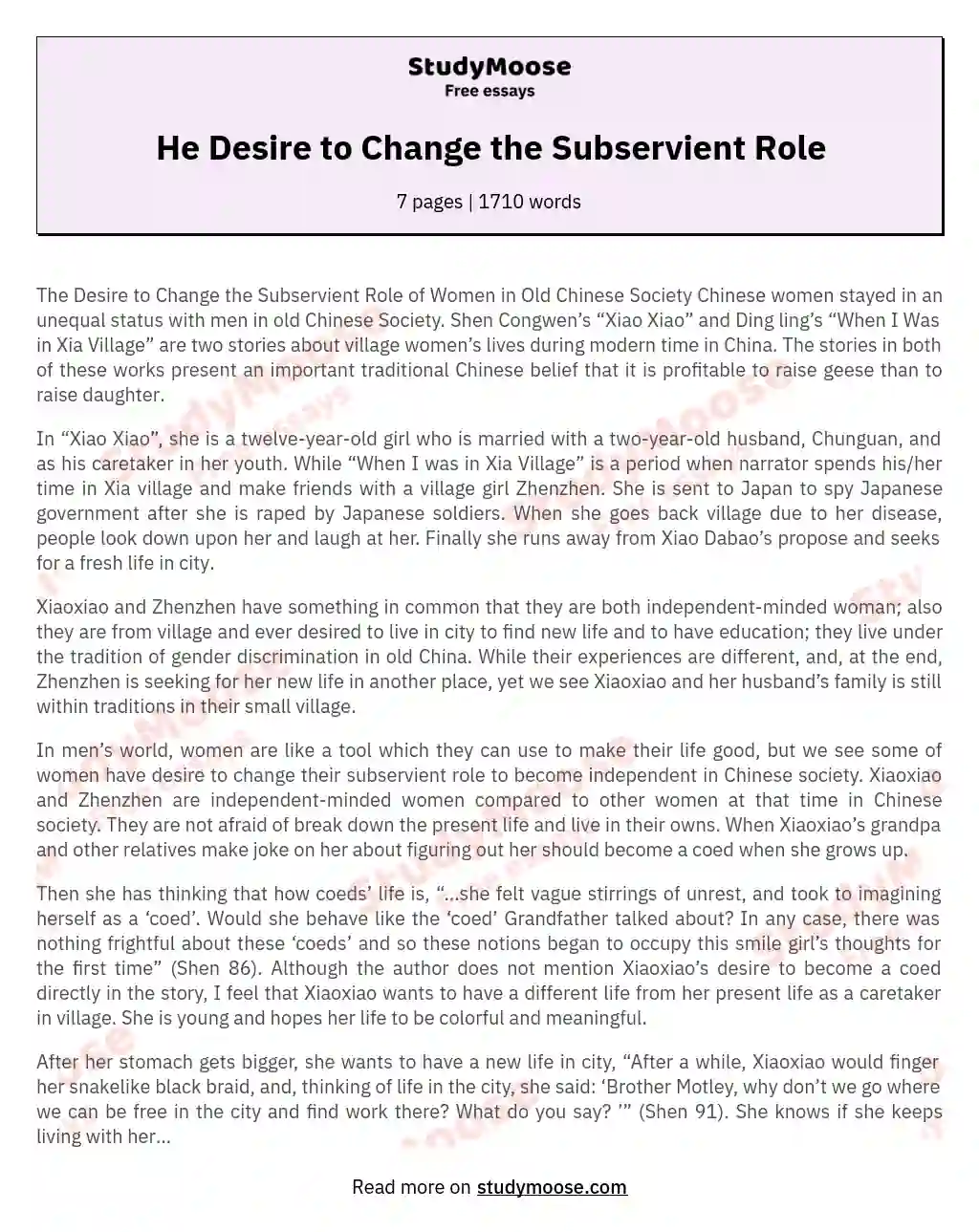 He Desire to Change the Subservient Role essay