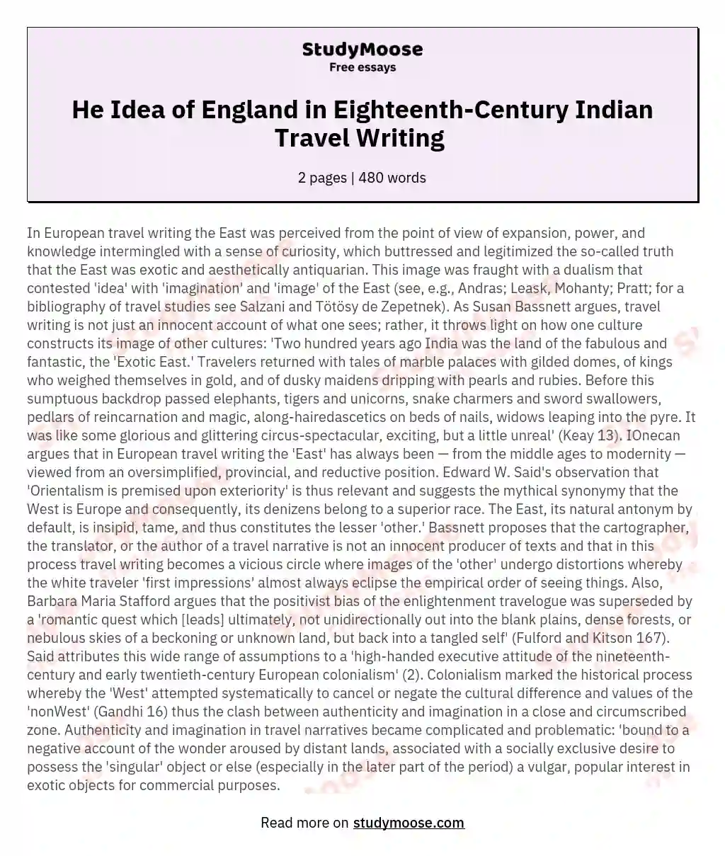 He Idea of England in Eighteenth-Century Indian Travel Writing  essay