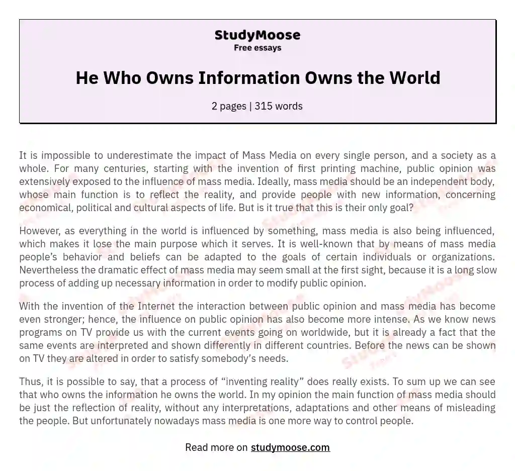 He Who Owns Information Owns the World essay