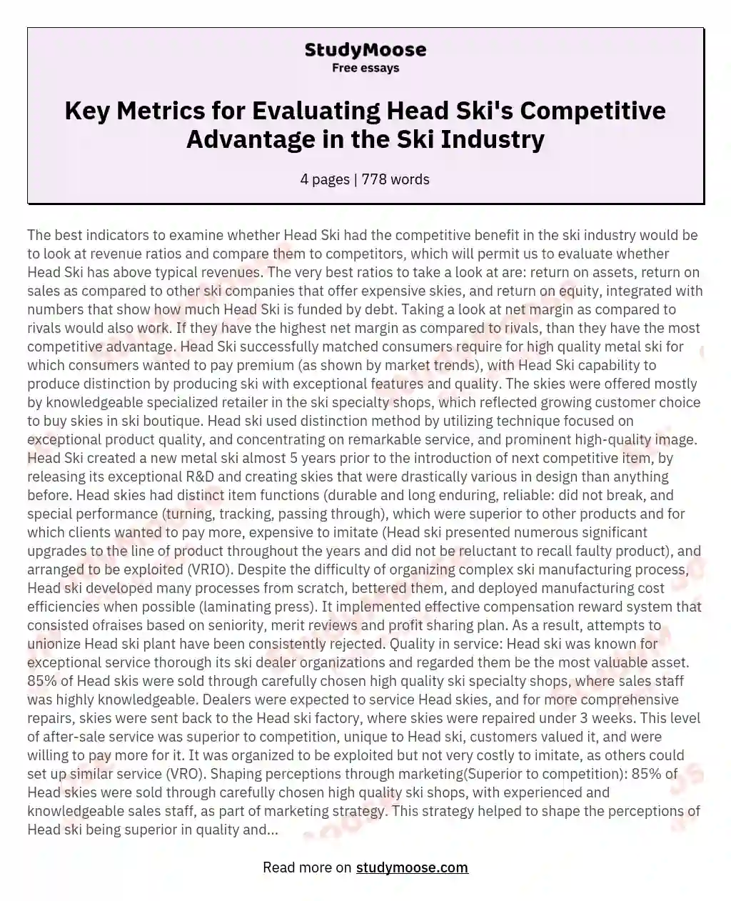 Key Metrics for Evaluating Head Ski's Competitive Advantage in the Ski Industry essay