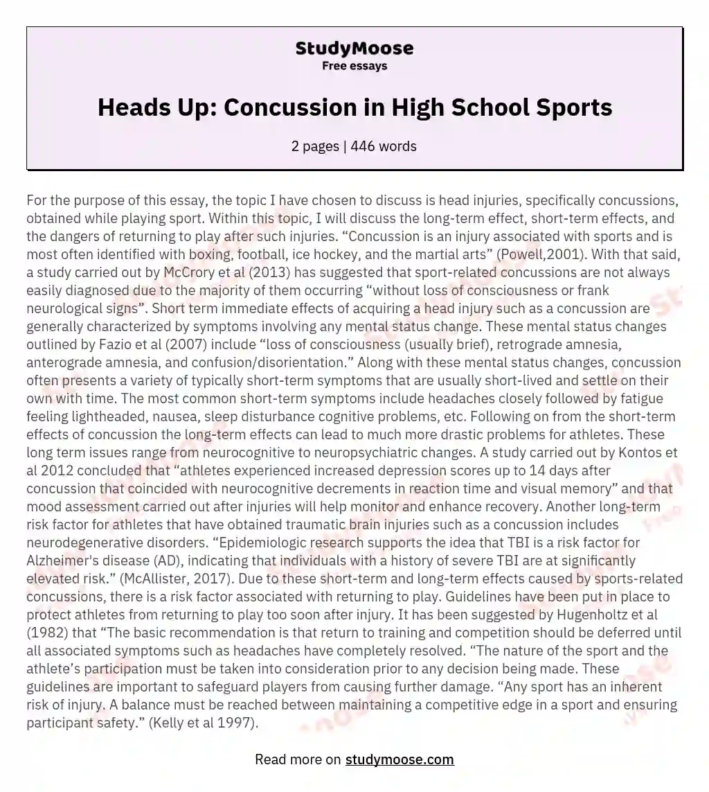 Heads Up: Concussion in High School Sports essay