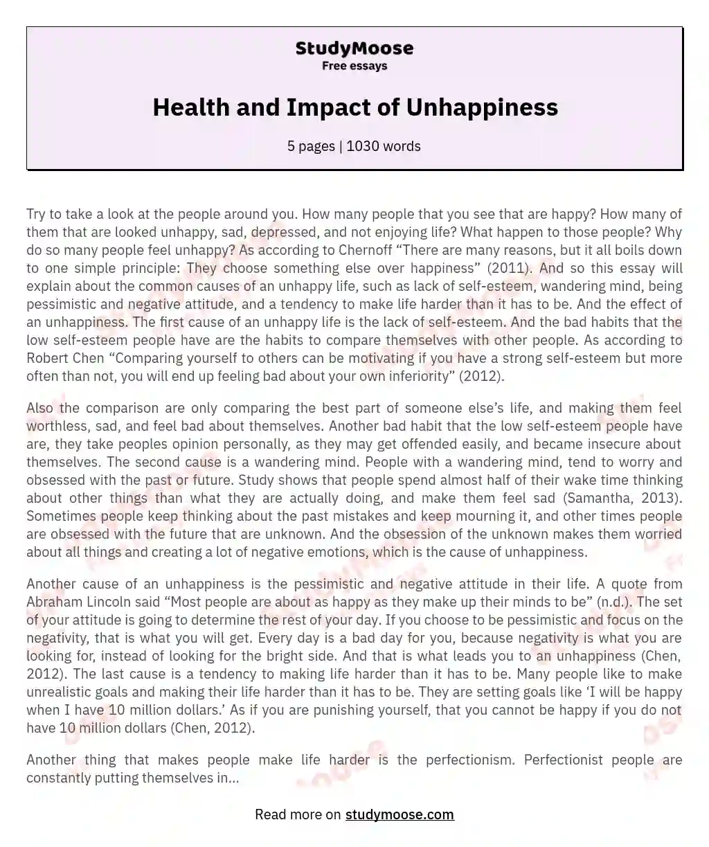 Health and Impact of Unhappiness essay