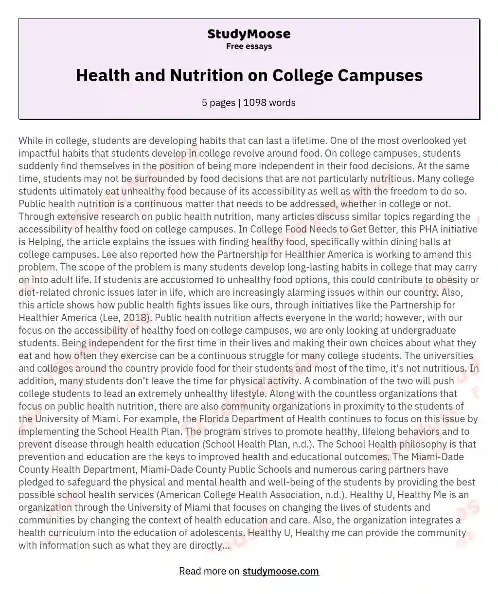 Health and Nutrition on College Campuses essay