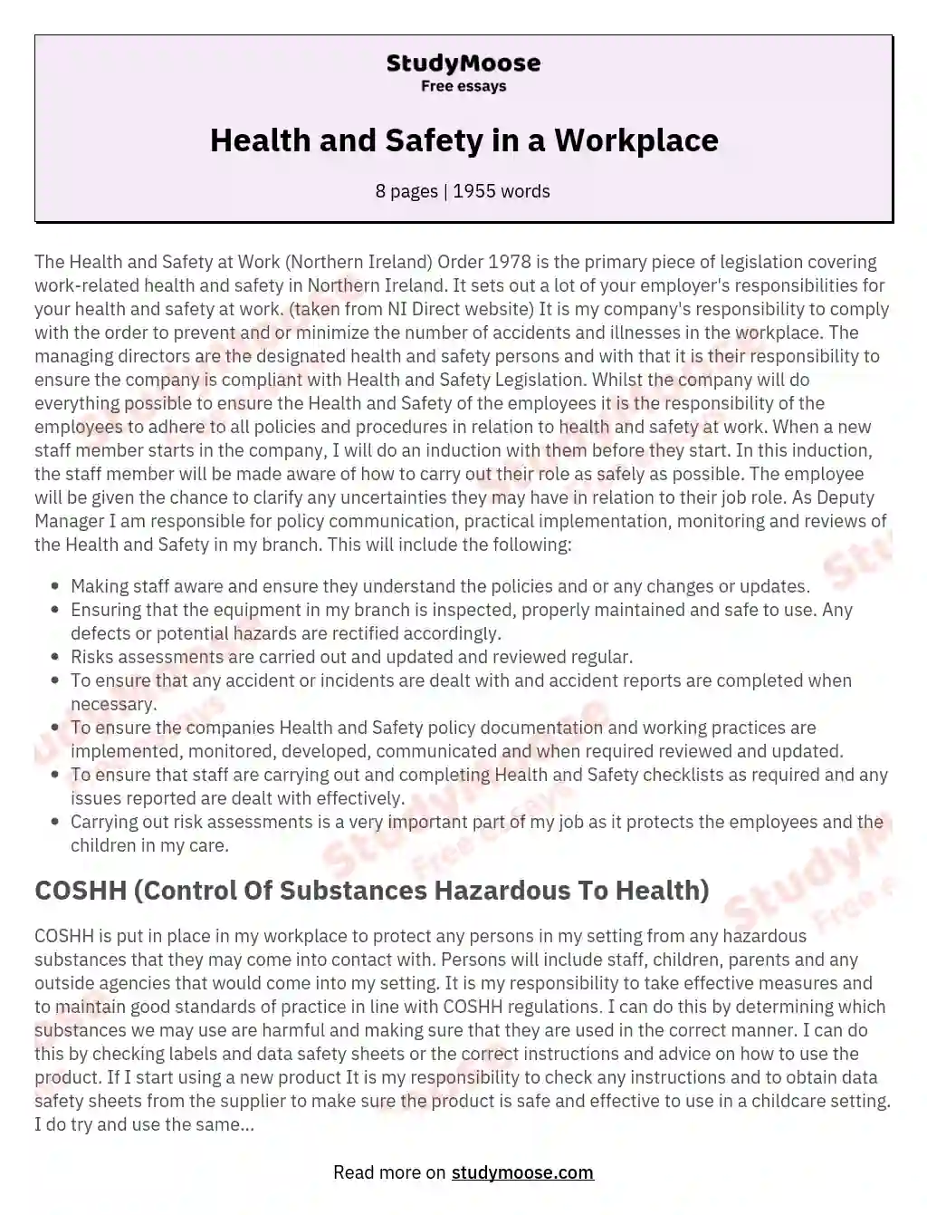 Health and Safety in a Workplace essay