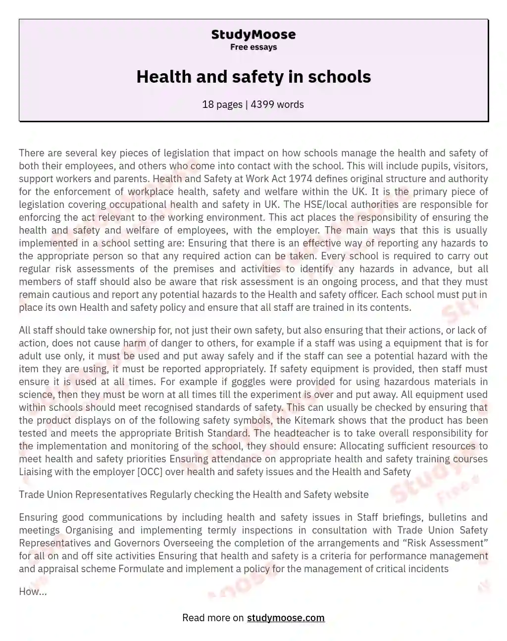 Health and safety in schools essay