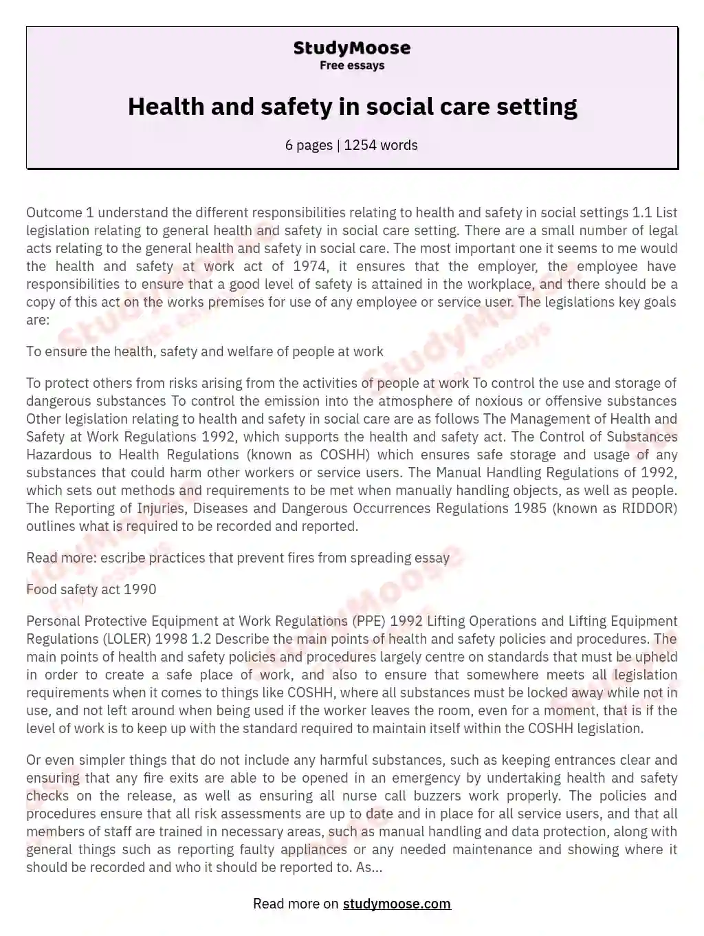 Health and safety in social care setting essay