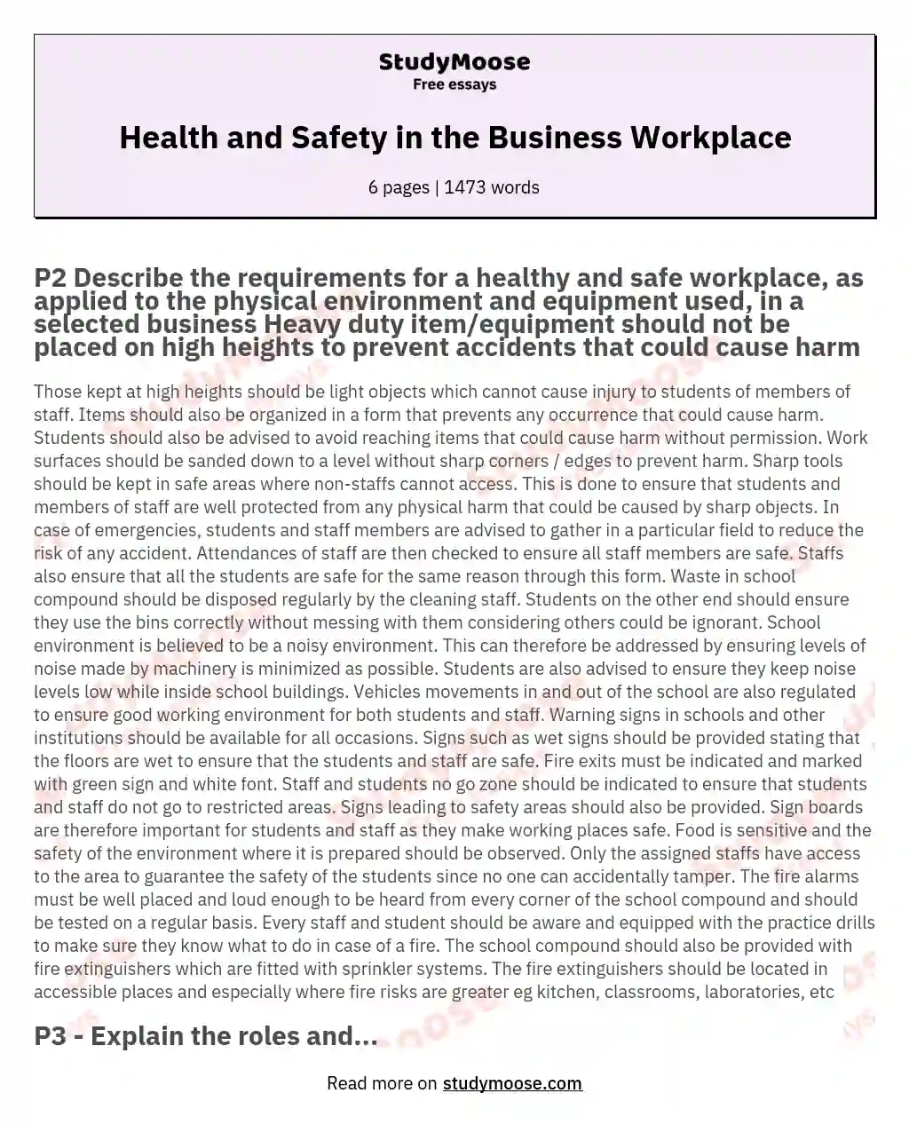 safety in the workplace work immersion essay