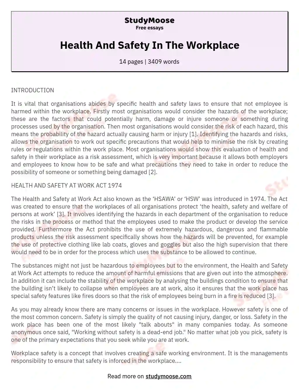 Health And Safety In The Workplace essay