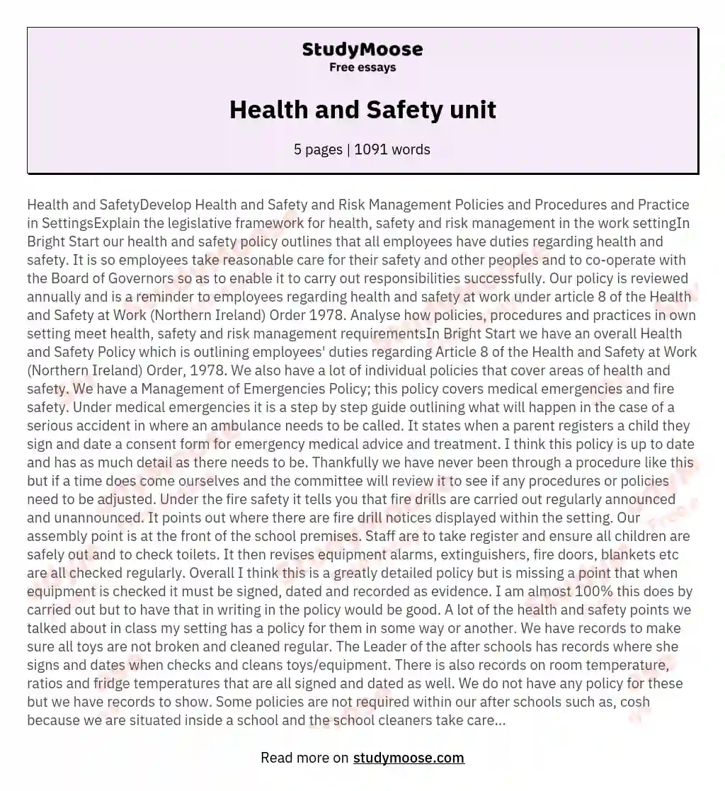 Health and Safety unit essay