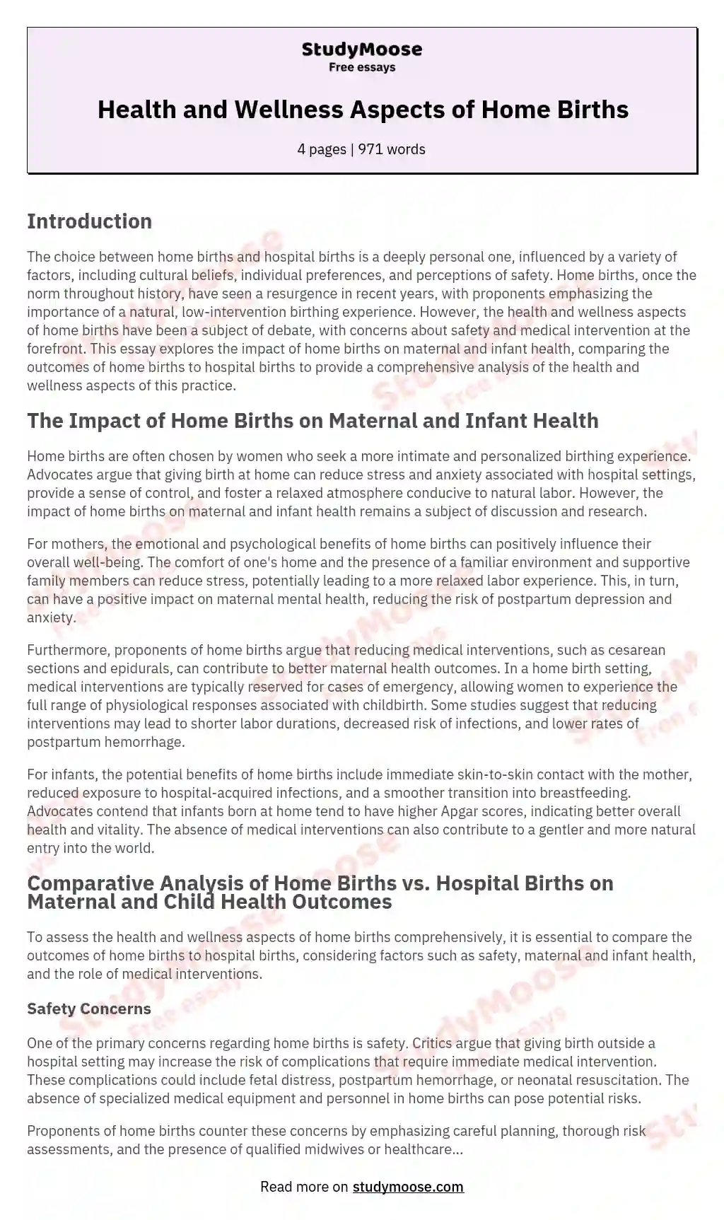 Health and Wellness Aspects of Home Births essay
