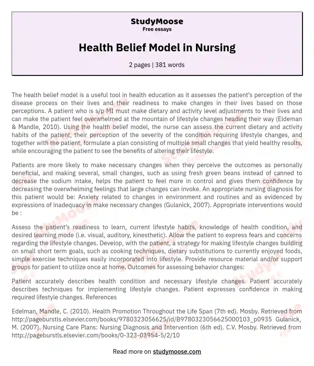 Health Belief Model in Nursing essay