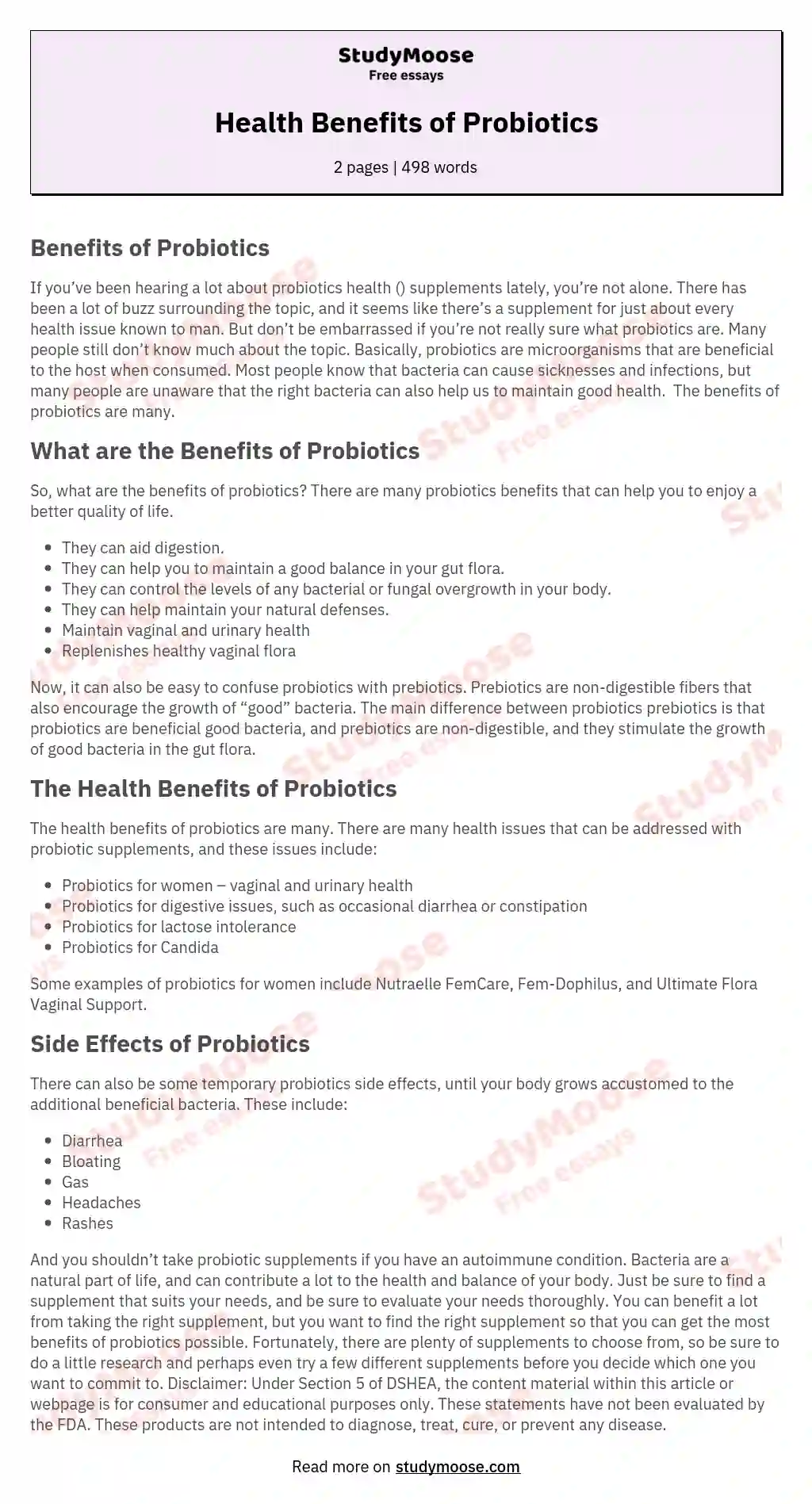 Health Benefits of Probiotics essay