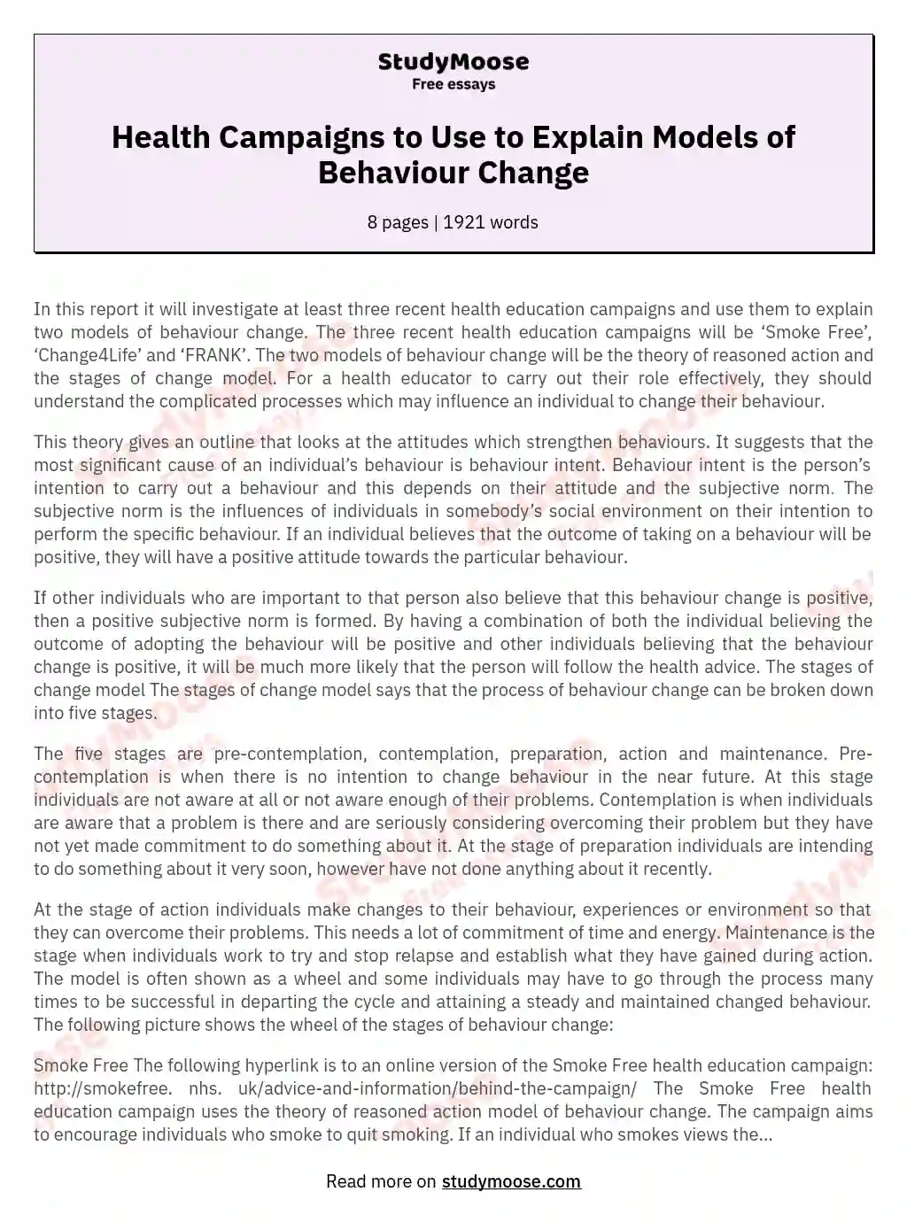 Health Campaigns to Use to Explain Models of Behaviour Change essay
