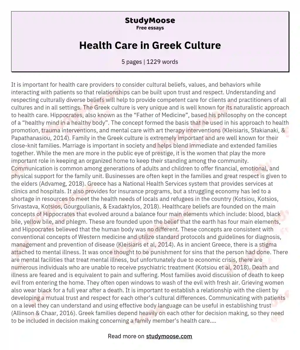 Health Care in Greek Culture essay
