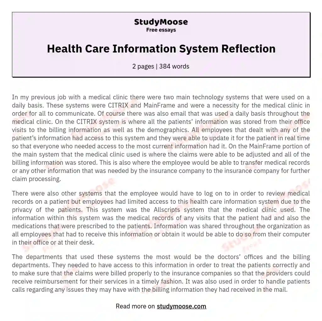 Health Care Information System Reflection essay