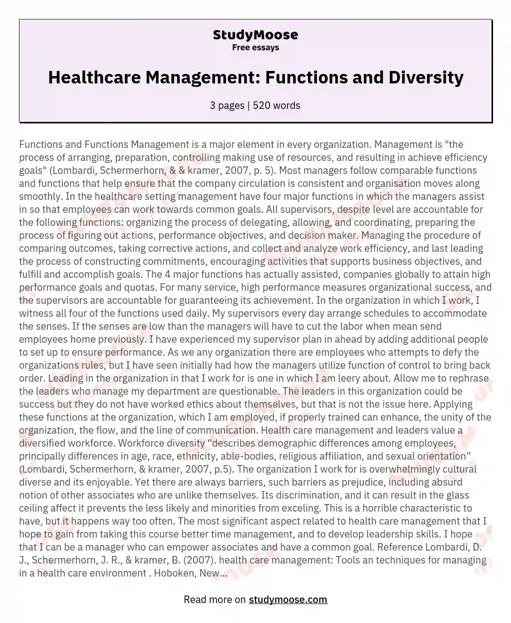 Healthcare Management: Functions and Diversity essay