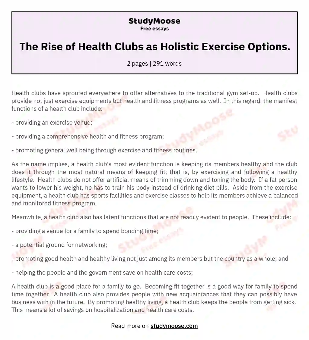 The Rise of Health Clubs as Holistic Exercise Options. essay