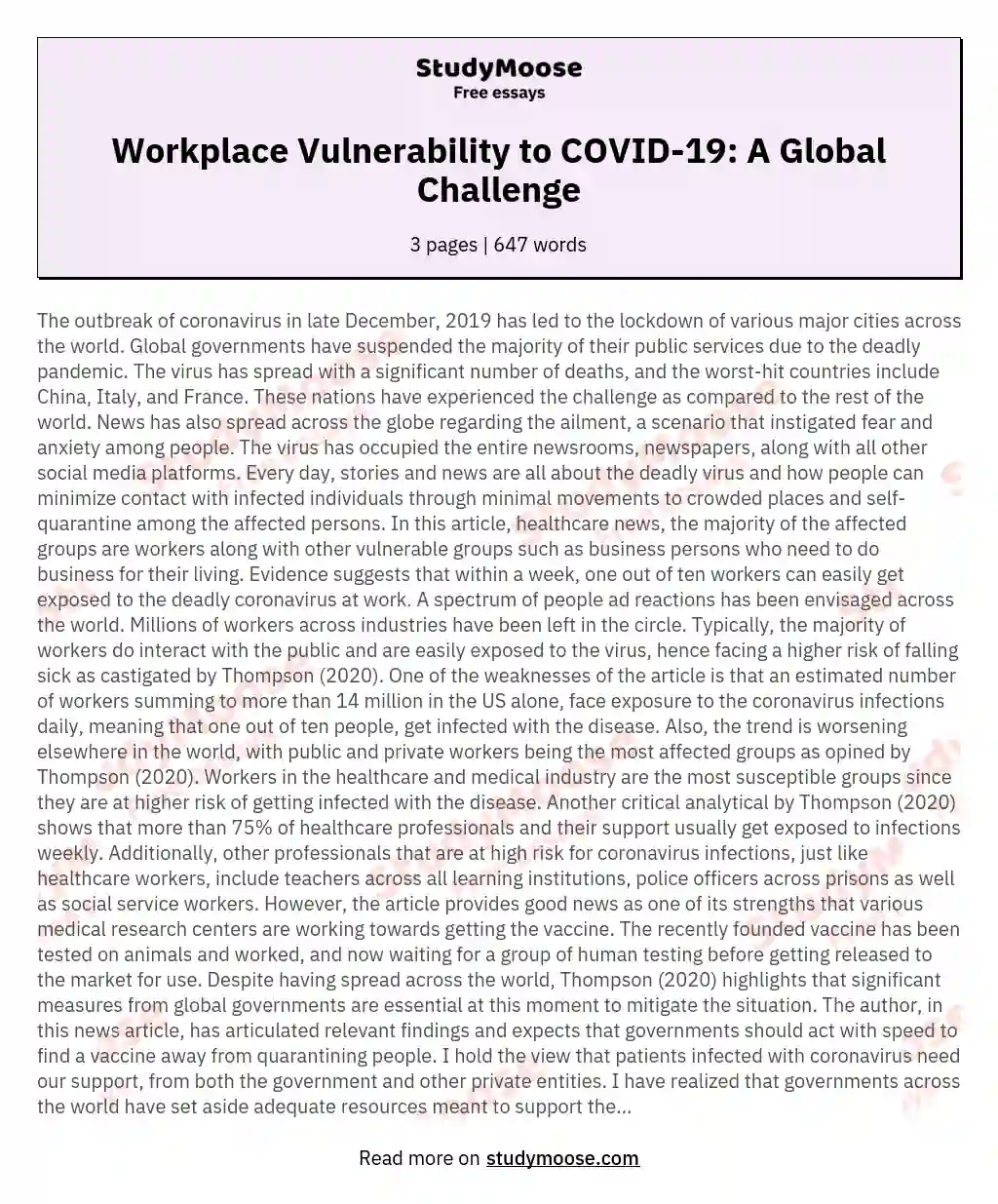 Workplace Vulnerability to COVID-19: A Global Challenge essay