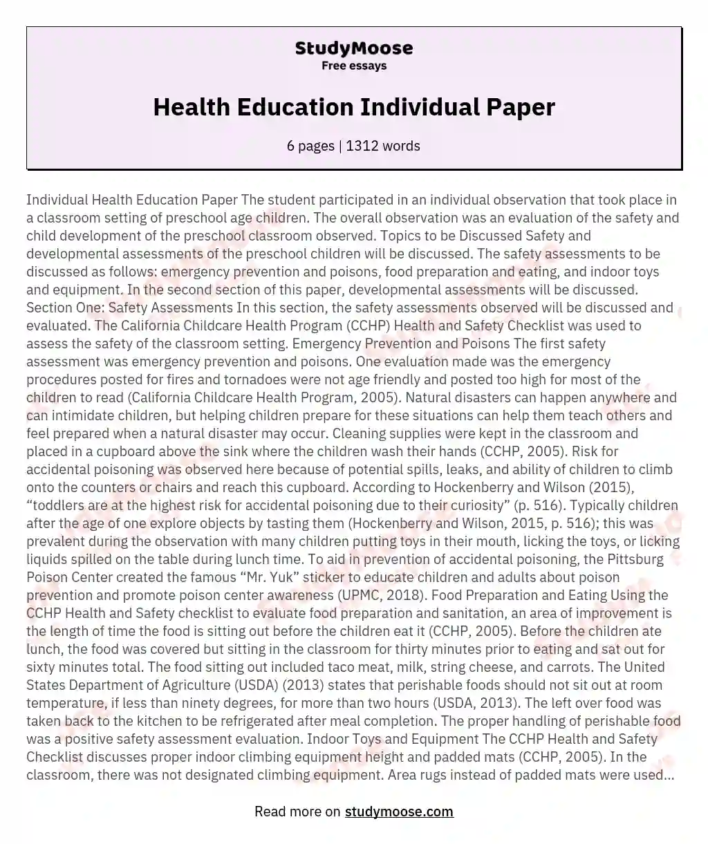 Health Education Individual Paper essay