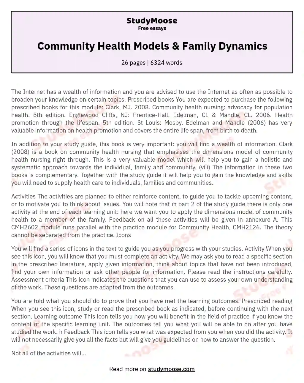 Community Health Models & Family Dynamics essay