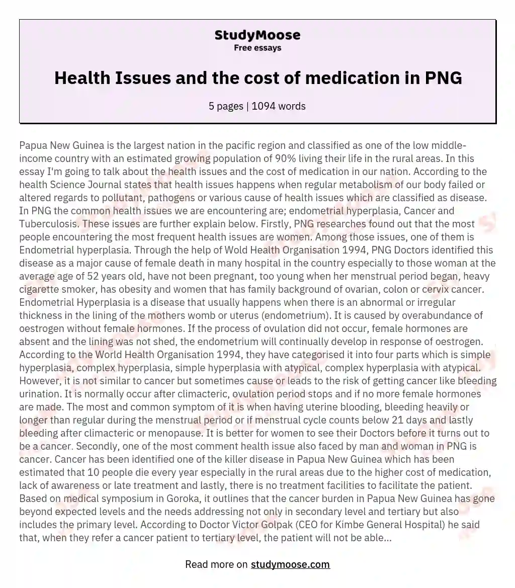 Health Issues and the cost of medication in PNG essay