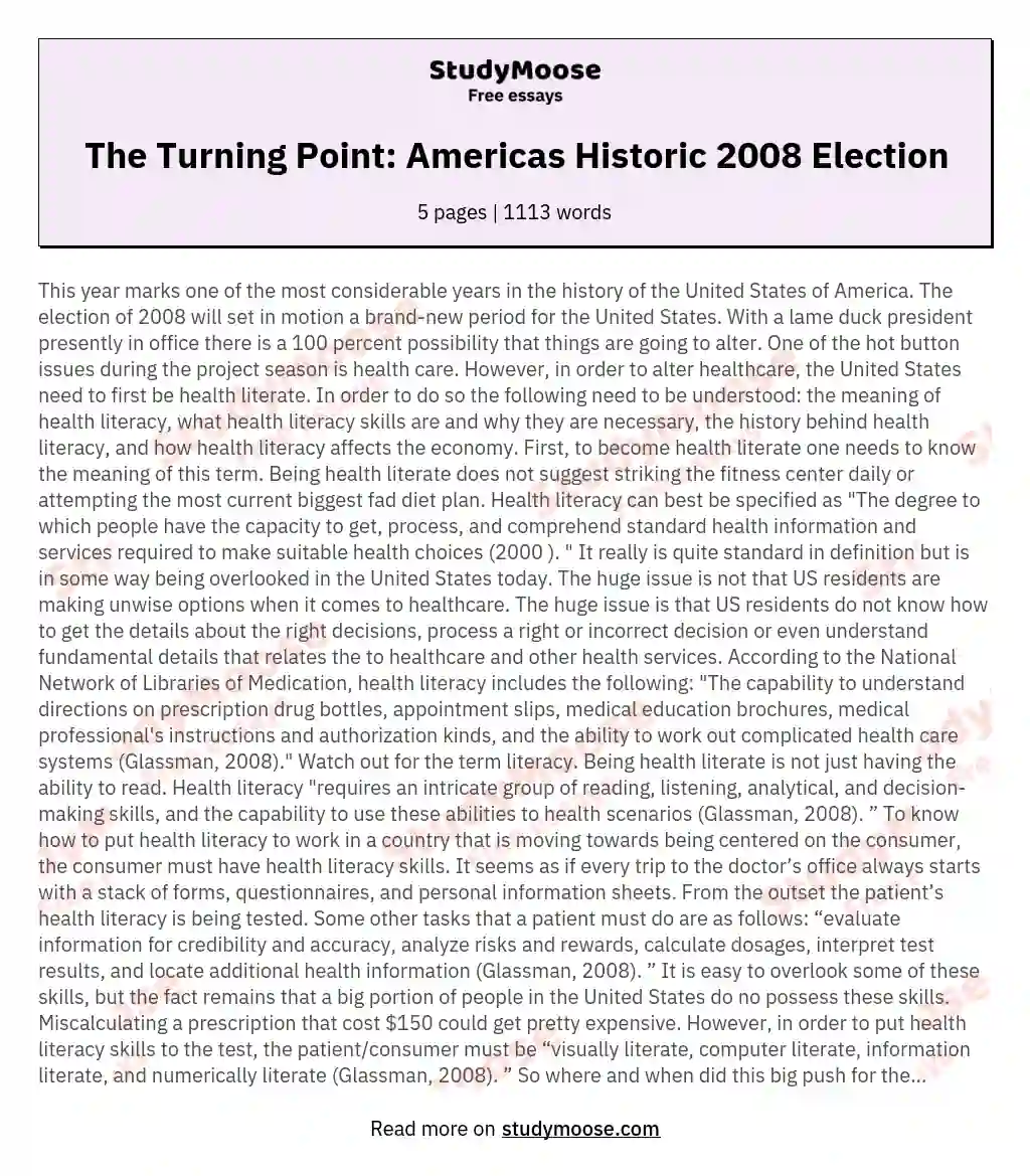 The Turning Point: Americas Historic 2008 Election essay