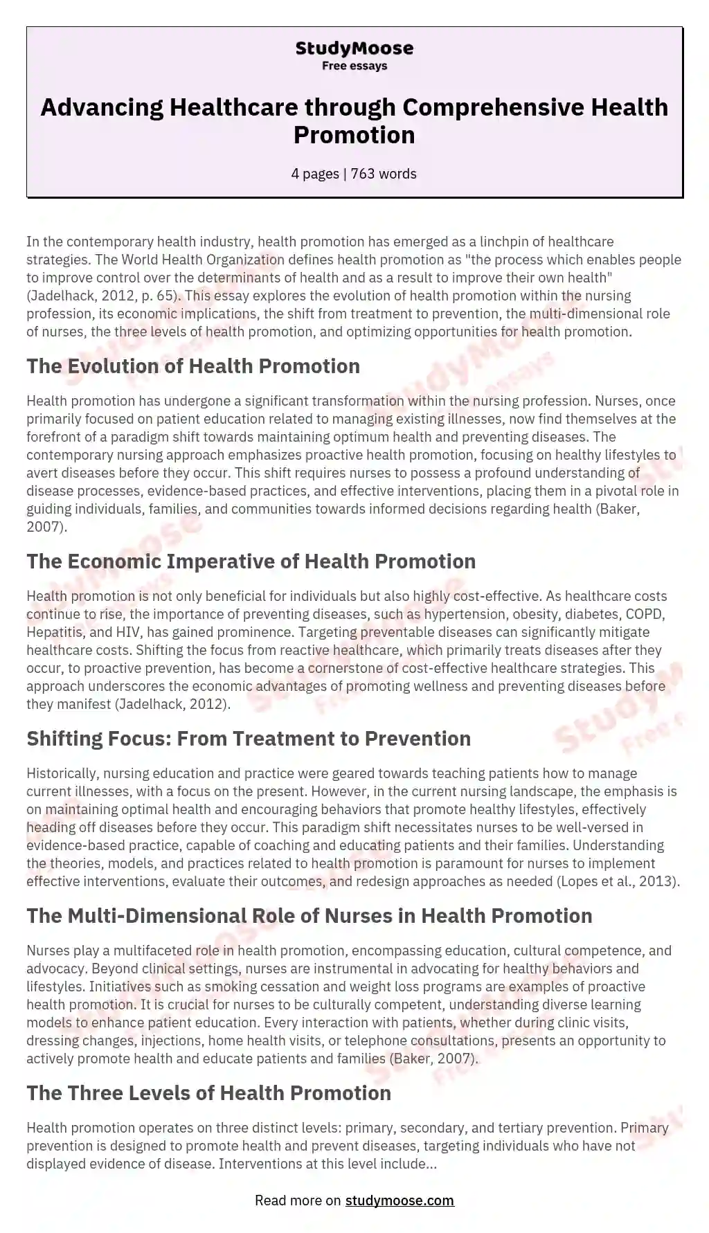 Advancing Healthcare through Comprehensive Health Promotion essay