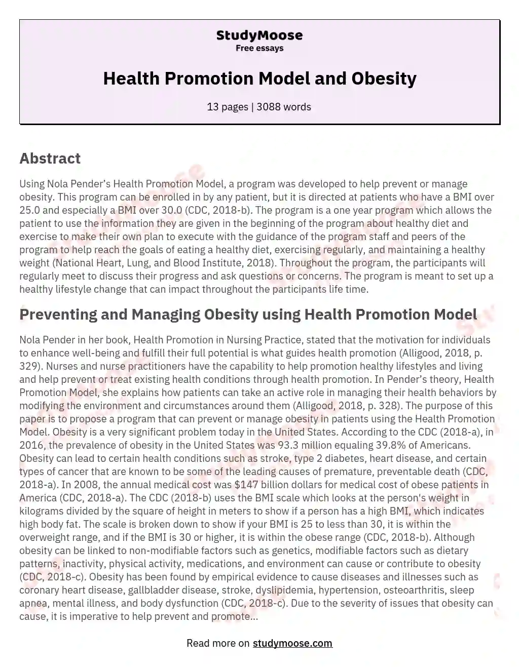 Health Promotion Model and Obesity essay