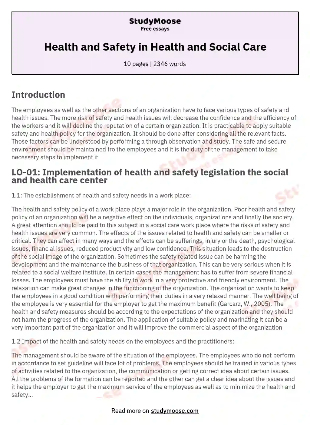 Health and Safety in Health and Social Care essay