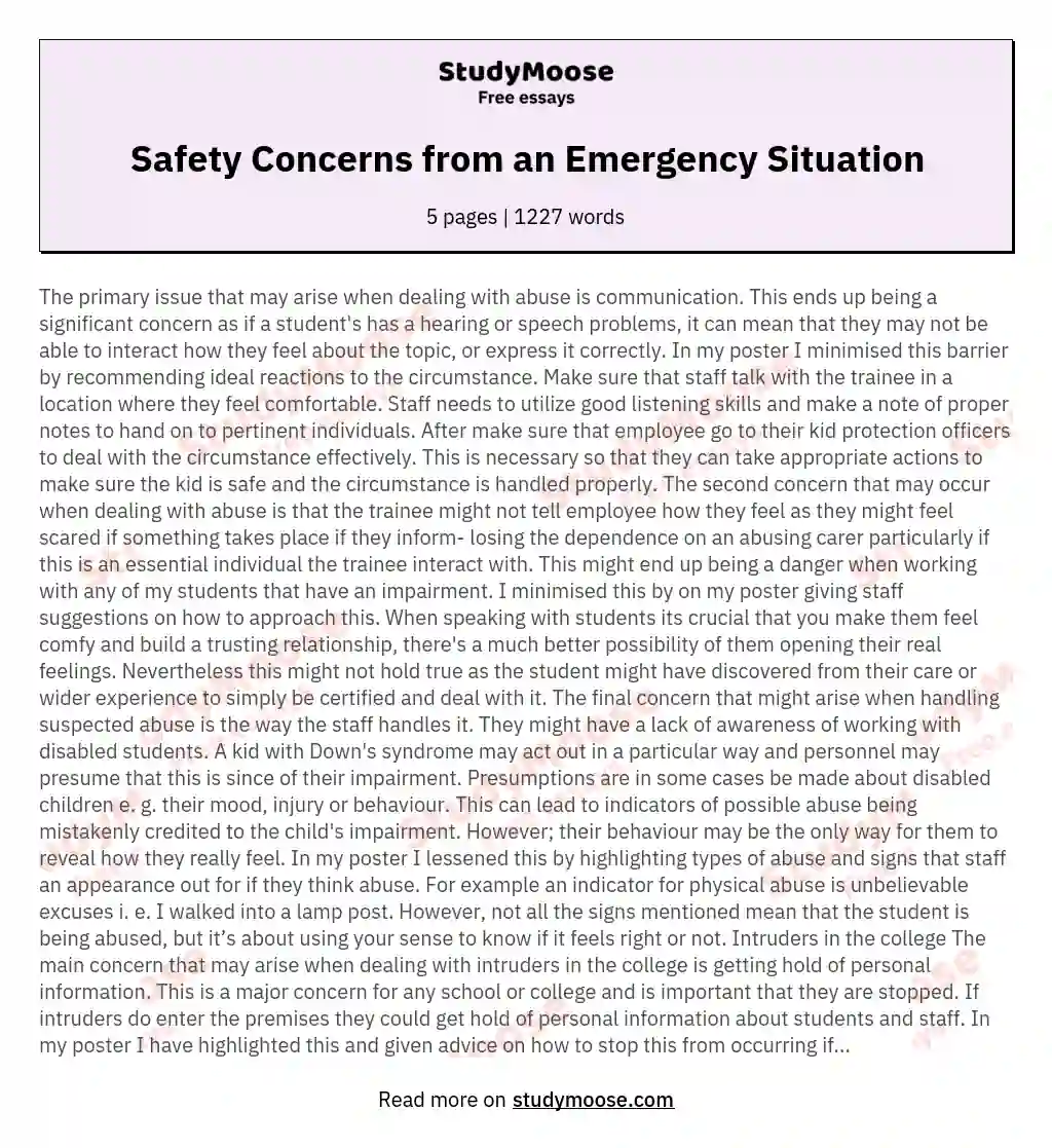 Health, Safety or Security Concerns Arising from a Specific Incident or Emergency