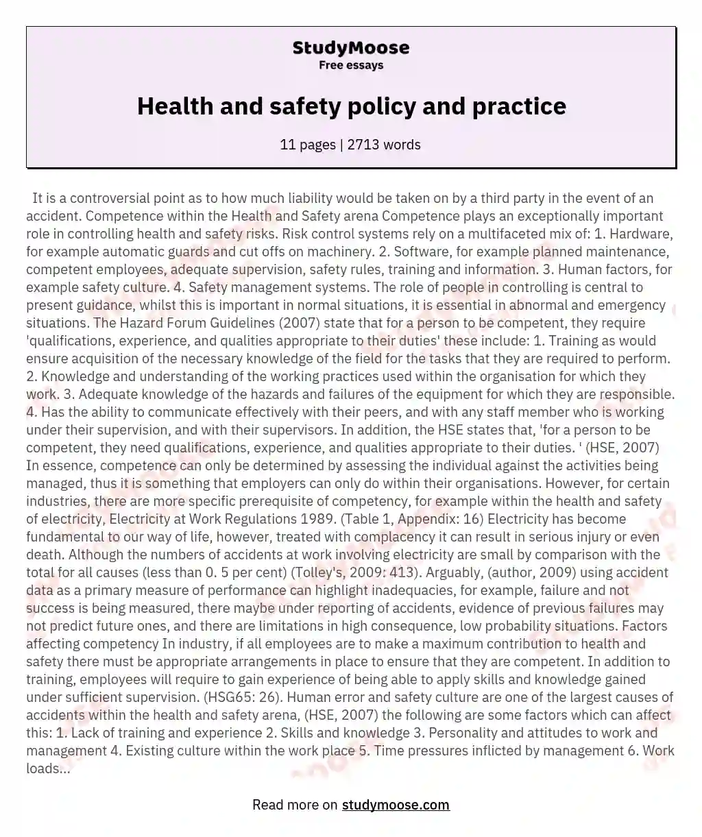 Health and safety policy and practice essay